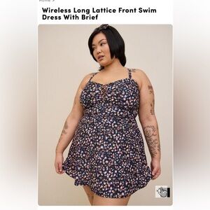 Wireless long lattice swim dress with brief